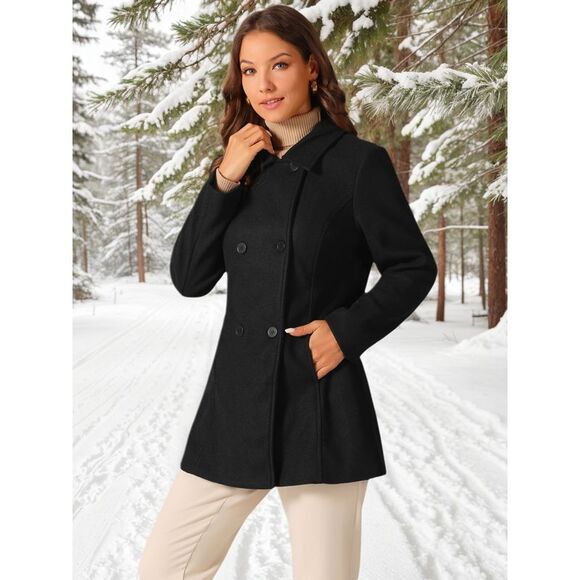 Peacoat Double Breasted Button Outerwear Winter Coat Black - Picture 3 of 6